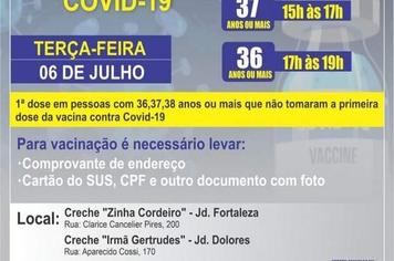 AMANHÃ (6) VACINAÇÃO CONTRA COVID-19 EM PESSOAS DE 36, 37 E 38 ANOS