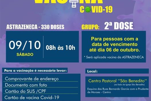 VACINAÇÃO DE 2ª DOSE contra a COVID-19 ASTRAZENECA (330 doses disponíveis)