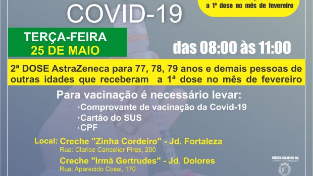 VACINAÇÃO DA 2ª DOSE ASTRAZENECA PARA 77, 78, 79 ANOS E DEMAIS PESSOAS QUE VACINARAM EM FEVEREIRO