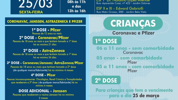 VACINAÇÃO INFANTIL DE 06 A 11 ANOS SEM COMORBIDADE E VACINAÇÃO 1ª, 2ª, 3ª, 4ª E DOSE ADICIONAL DE CORONAVAC, ASTRAZENECA, JANSSEN E PFIZER