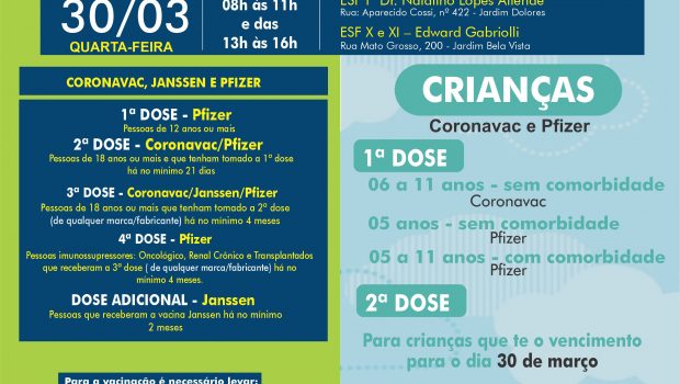 VACINAÇÃO INFANTIL DE 05 A 11 ANOS COM E SEM COMORBIDADE E VACINAÇÃO 1ª, 2ª, 3ª, 4ª E DOSE ADICIONAL DE CORONAVAC, JANSSEN E PFIZER