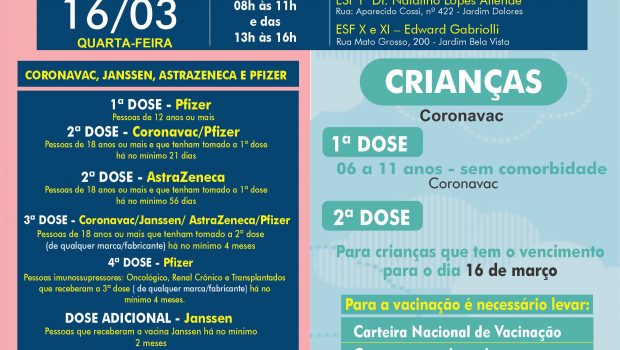 VACINAÇÃO INFANTIL DE 06 A 11 ANOS SEM COMORBIDADE E VACINAÇÃO 1ª, 2ª, 3ª, 4ª E DOSE ADICIONAL DE CORONAVAC, ASTRAZENECA E JANSSEN