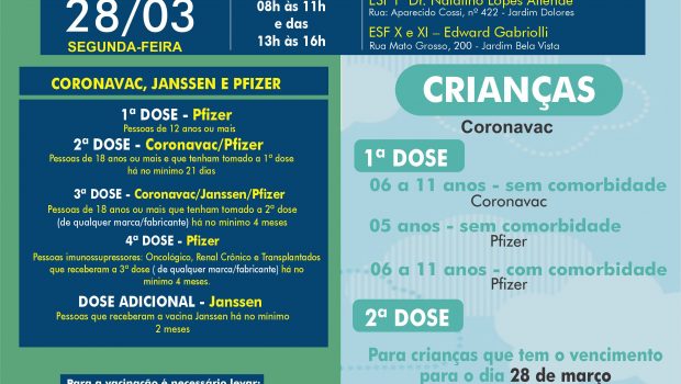 VACINAÇÃO INFANTIL DE 06 A 11 ANOS SEM COMORBIDADE E VACINAÇÃO 1ª, 2ª, 3ª, 4ª E DOSE ADICIONAL DE CORONAVAC, ASTRAZENECA, JANSSEN E PFIZER