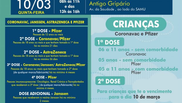 VACINAÇÃO INFANTIL DE 05 A 11 ANOS COM E SEM COMORBIDADE E VACINAÇÃO 1ª, 2ª, 3ª, 4ª E DOSE ADICIONAL DE CORONAVAC, ASTRAZENECA E JANSSEN