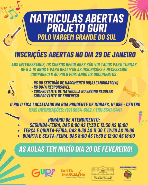 MATRÍCULAS ABERTAS PARA O PROJETO GURI EM VARGEM GRANDE DO SUL