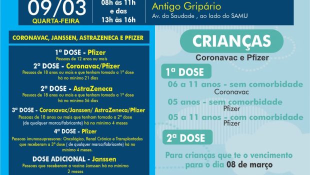 VACINAÇÃO INFANTIL DE 05 A 11 ANOS COM E SEM COMORBIDADE E VACINAÇÃO 1ª, 2ª, 3ª, 4ª E DOSE ADICIONAL DE CORONAVAC, ASTRAZENECA E JANSSEN