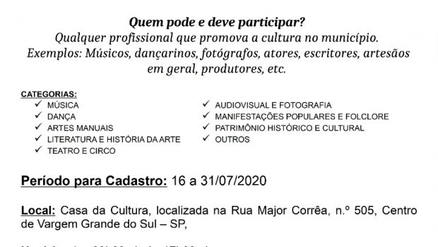 PREFEITURA ESTÁ REALIZANDO CADASTRO DE PROFISSIONAIS DA CULTURA