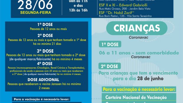 VACINAÇÃO HOJE, DIA 28, CONTRA A COVID-19 E GRIPE!