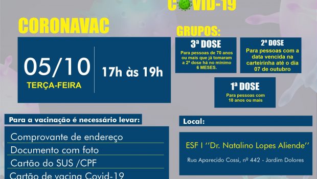 VACINAÇÃO DE 1ª, 2ª e 3ª DOSE contra a COVID-19 CORONAVAC