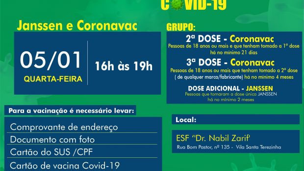 VACINAÇÃO 2ª, 3ª e Dose Adicional – CORONAVAC E JANSSEN