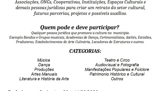 DEPARTAMENTO DE CULTURA INICIA CADASTRAMENTO DE PESSOAS JURÍDICAS QUE REALIZAM ATIVIDADES ARTISTICAS