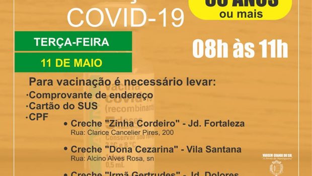VACINAÇÃO PARA 56 ANOS OU MAIS ACONTECERÁ AMANHÃ, TERÇA-FEIRA