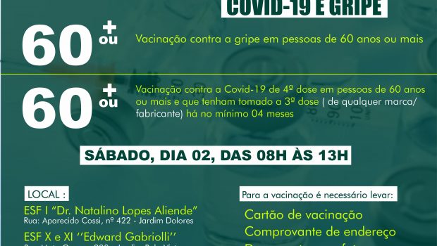 AMANHA, DIA 02 DE ABRIL, VACINAÇÃO DA COVID-19 EM CRIANÇAS JOVENS E ADULTOS DE 1ª, 2ª , 3ª DOSE, 4ª DOSE PARA IMUNOSSUPRESSORES E 60 ANOS OU MAIS E TAMBÉM VACINAÇÃO CONTRA A GRIPE PARA PESSOAS DE 60 ANOS OU MAIS.