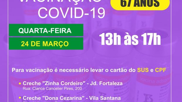 NESTA QUARTA-FEIRA, DIA 24, VACINAÇÃO PARA OS IDOSOS DE 67 ANOS CONTRA A COVID-19