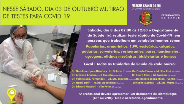NESSE SÁBADO, MUTIRÃO DE TESTES PARA COVID-19