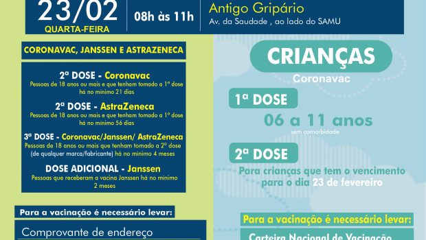 VACINAÇÃO INFANTIL DE 06 A 11 ANOS SEM COMORBIDADE E VACINAÇÃO 2ª, 3ª E DOSE ADICIONAL.CORONAVAC, ASTRAZENECA E JANSSEN