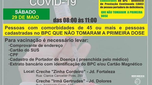 VACINAÇÃO DA 1ª DOSE ASTRAZENECA PESSOAS DE 45 A 50 COM COMORBIDADES E CADASTRADAS NO BPC