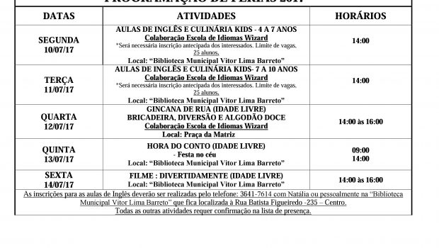 Biblioteca Municipal lança programação de Férias 2017