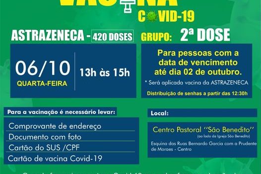 VACINAÇÃO DE 2ª DOSE contra a COVID-19 ASTRAZENECA (420 doses disponíveis)