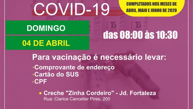 AMANHA TEM VACINAÇÃO DA PRIMEIRA DOSE PARA IDOSOS DE 65 ANOS QUE FIZERAM ANIVERSÁRIO EM ABRIL, MAIO E JUNHO DE 2020