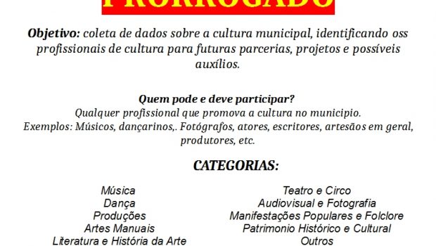 PRORROGADO O PRAZO PARA CADASTRAMENTO DOS PROFFISIONAIS DA CULTURA PESSOA FÍSICA