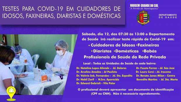 SÁBADO, DIA 12, SERÁ REALIZADO MAIS TESTES PARA COVID-19