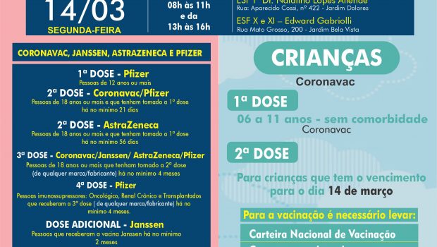 VACINAÇÃO INFANTIL DE 06 A 11 ANOS SEM COMORBIDADE E VACINAÇÃO 1ª, 2ª, 3ª, 4ª E DOSE ADICIONAL DE CORONAVAC, ASTRAZENECA E JANSSEN