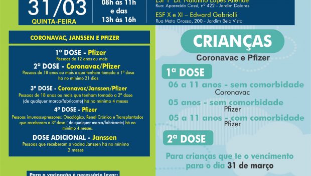 VACINAÇÃO INFANTIL DE 05 A 11 ANOS COM E SEM COMORBIDADE E VACINAÇÃO 1ª, 2ª, 3ª, 4ª E DOSE ADICIONAL DE CORONAVAC, JANSSEN E PFIZER
