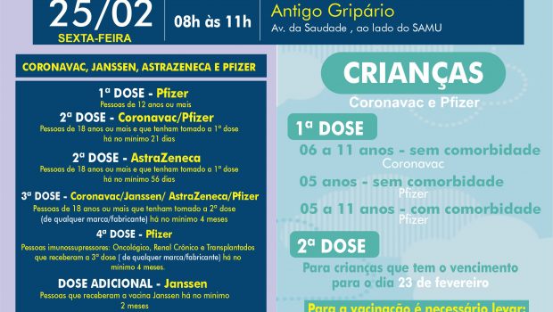 VACINAÇÃO INFANTIL DE 05 A 11 ANOS COM E SEM COMORBIDADE E VACINAÇÃO 1ª, 2ª, 3ª, 4ª E DOSE ADICIONAL DE CORONAVAC, ASTRAZENECA E JANSSEN
