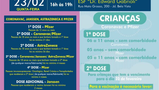 VACINAÇÃO INFANTIL DE 05 A 11 ANOS COM E SEM COMORBIDADE E VACINAÇÃO 1ª, 2ª, 3ª, 4ª E DOSE ADICIONAL DE CORONAVAC, ASTRAZENECA E JANSSEN