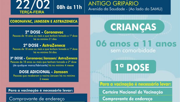 VACINAÇÃO INFANTIL DE 05 A 11 ANOS COM E SEM COMORBIDADE E VACINAÇÃO 2ª, 3ª E DOSE ADICIONAL.CORONAVAC, ASTRAZENECA E JANSSEN