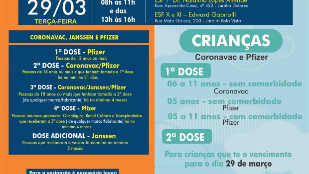 VACINAÇÃO INFANTIL DE 06 A 11 ANOS SEM COMORBIDADE E VACINAÇÃO 1ª, 2ª, 3ª, 4ª E DOSE ADICIONAL DE CORONAVAC, JANSSEN E PFIZER