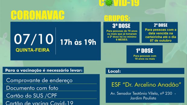 VACINAÇÃO DE 1ª, 2ª e 3ª DOSE contra a COVID-19 CORONAVAC