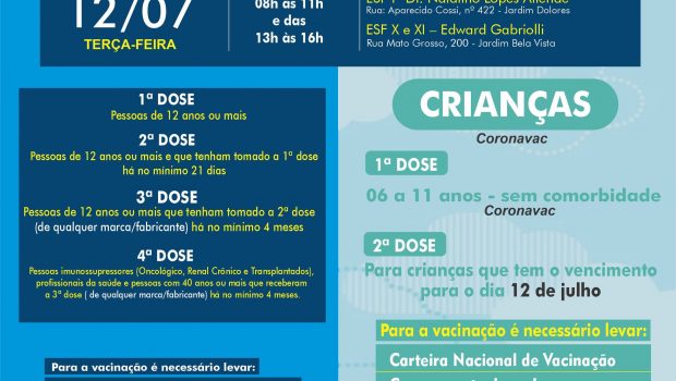 AMANHÃ, DIA 12, TERÁ A VACINAÇÃO CONTRA A COVID-19 E A GRIPE!