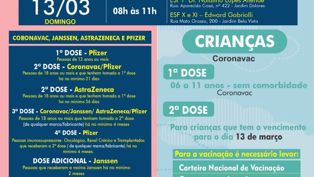 VACINAÇÃO INFANTIL DE 06 A 11 ANOS SEM COMORBIDADE E VACINAÇÃO 1ª, 2ª, 3ª, 4ª E DOSE ADICIONAL DE CORONAVAC, ASTRAZENECA E JANSSEN
