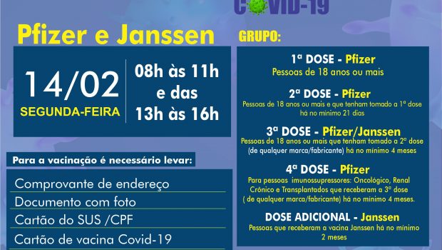 VACINAÇÃO 1ª, 2ª, 3ª e 4ª DOSE PFIZER E DOSE ADICIONAL DE JANSSEN