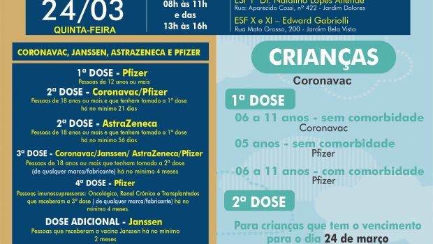 VACINAÇÃO INFANTIL DE 06 A 11 ANOS SEM COMORBIDADE E VACINAÇÃO 1ª, 2ª, 3ª, 4ª E DOSE ADICIONAL DE CORONAVAC, ASTRAZENECA, JANSSEN E PFIZER