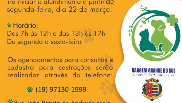 COMEÇA NESTA SEGUNDA-FEIRA, DIA 22, O ATENDIMENTO DA CLÍNICA VETERINÁRIA