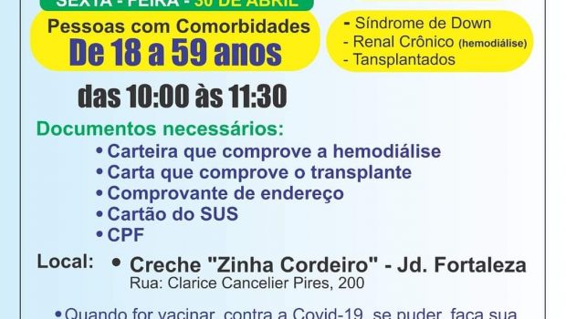VACINAÇÃO CONTRA COVID-19 EM PESSOAS COM COMORBIDADE COMEÇA AMANHÃ