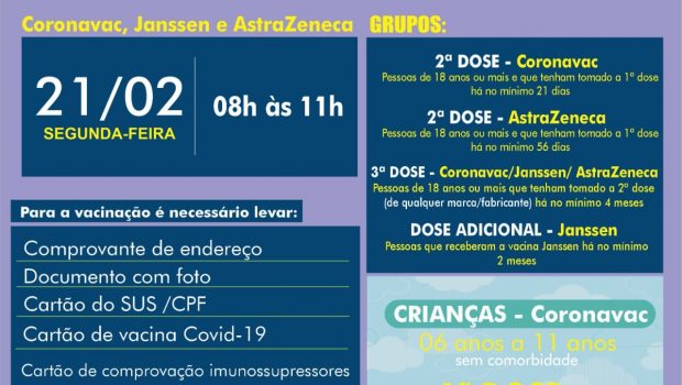 VACINAÇÃO INFANTIL DE 06 A 11 ANOS SEM COMORBIDADE E VACINAÇÃO 2ª, 3ª E DOSE ADICIONAL.CORONAVAC, ASTRAZENECA E JANSSEN