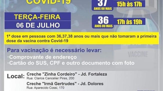 AMANHÃ (6) VACINAÇÃO CONTRA COVID-19 EM PESSOAS DE 36, 37 E 38 ANOS