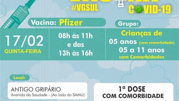 VACINAÇÃO DE 1ª DOSE PFIZER PARA CRIANÇAS DE 5 ANOS (SEM COMORBIDADES) E DE 05 A 11 ANOS COM COMORBIDADES