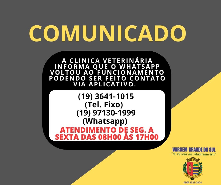WHATSAPP DA CLINICA VETERINÁRIA VOLTOU AO FUNCIONAMENTO COMUM