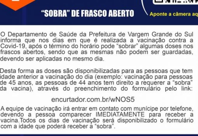PRÉ-CADASTRO PARA VACINAÇÃO CONTRA COVID-19 “SOBRA” DE FRASCO ABERTO 44 ANOS DE IDADE 