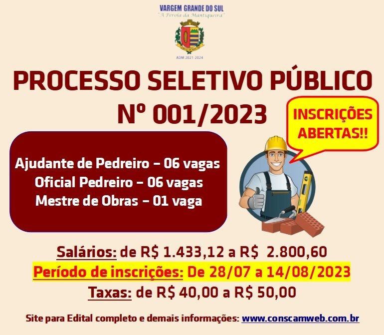 ÚLTIMOS DIAS PARA INSCRIÇÕES NO PROCESSO SELETIVO PARA PEDREIROS