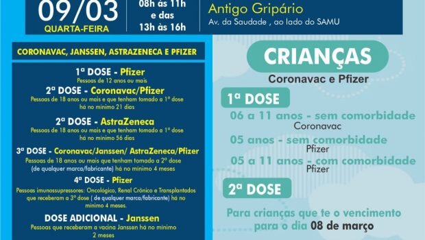 VACINAÇÃO INFANTIL DE 05 A 11 ANOS COM E SEM COMORBIDADE E VACINAÇÃO 1ª, 2ª, 3ª, 4ª E DOSE ADICIONAL DE CORONAVAC, ASTRAZENECA E JANSSEN