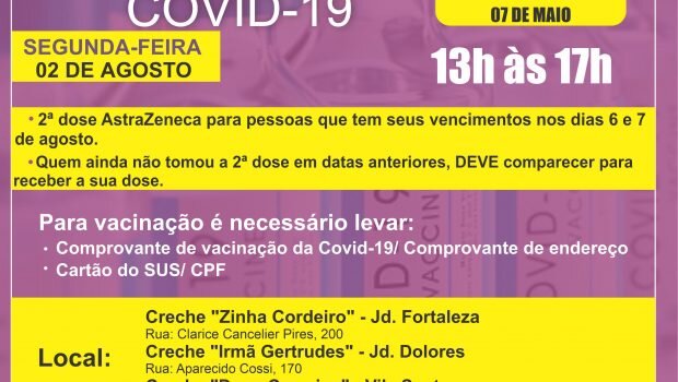 HOJE TEM VACINAÇÃO DE SEGUNDA DOSE PARA PESSOAS QUE TOMARAM A PRIMEIRA DOSE ATÉ O DIA 07 DE MAIO