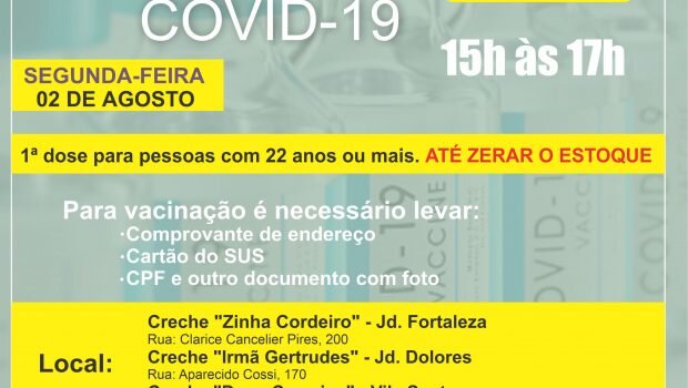 HOJE TEM VACINAÇÃO DE 1ª DOSE EM PESSOAS 22 ANOS OU MAIS