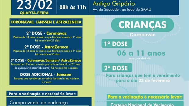 VACINAÇÃO INFANTIL DE 06 A 11 ANOS SEM COMORBIDADE E VACINAÇÃO 2ª, 3ª E DOSE ADICIONAL.CORONAVAC, ASTRAZENECA E JANSSEN