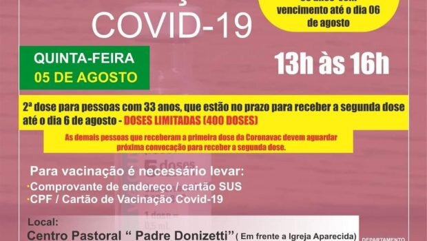 VACINAÇÃO 2ª DOSE (CORONAVAC) 33 anos Contra a COVID-19